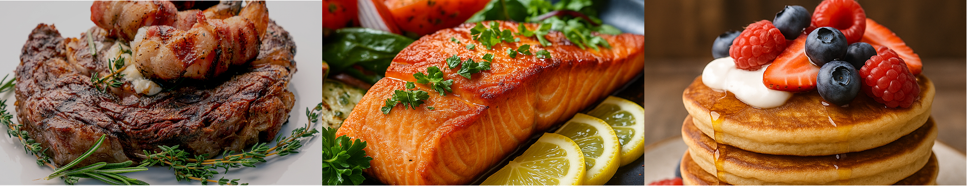 Food collage - steak, salmon, and pancakes